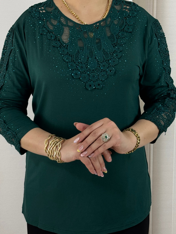 بلوز مجلسی زنانه جنس نخ مدل استین گیپوری
